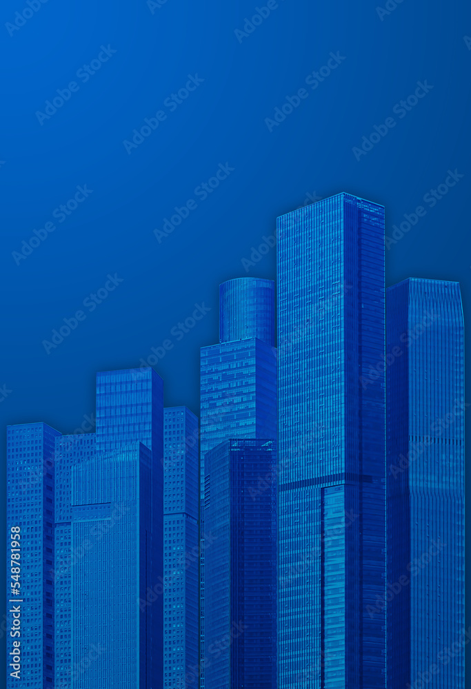 Modern urban skyscrapers against the blue background