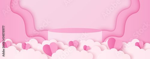 Paper cut of Valentine's Day background with pink cylinder podium for products display presentation.