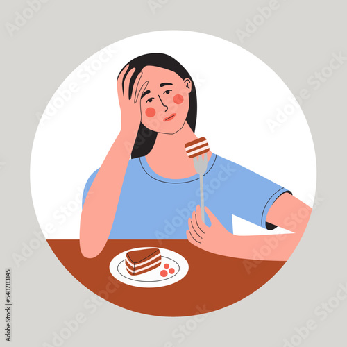 Young women loss of appetite. Female feel not hungry. Girl unable to eat. Flat vector illustration