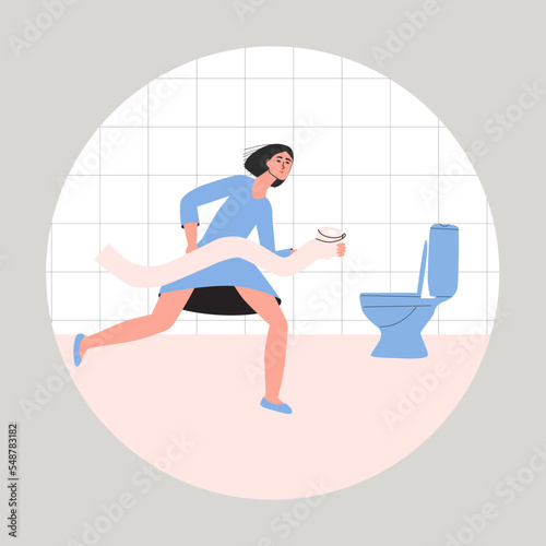 Diarrhea concept. Young woman with toilet paper runs to the toilet. Stomach infection, food poisoning or different digestive system problem. Flat vector medical illustration