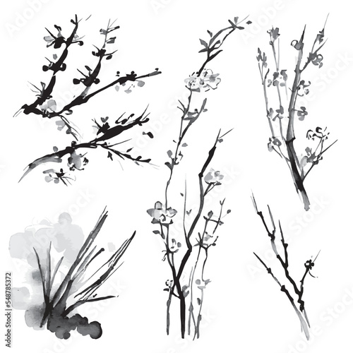イラスト素材:梅の花の和風筆絵モノトーンイラスト（年賀状素材）	