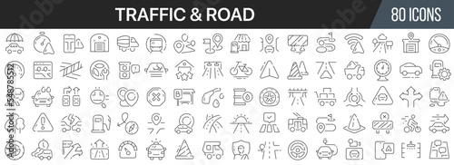 Traffic and road line icons collection. Big UI icon set in a flat design. Thin outline icons pack. Vector illustration EPS10