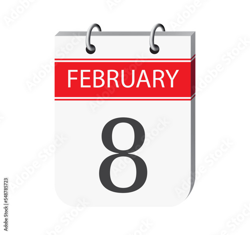 8 february calendar page vector. 3d one day calendar date appointment, event reminder illustration. Abstract three dimensional daily date calendar.