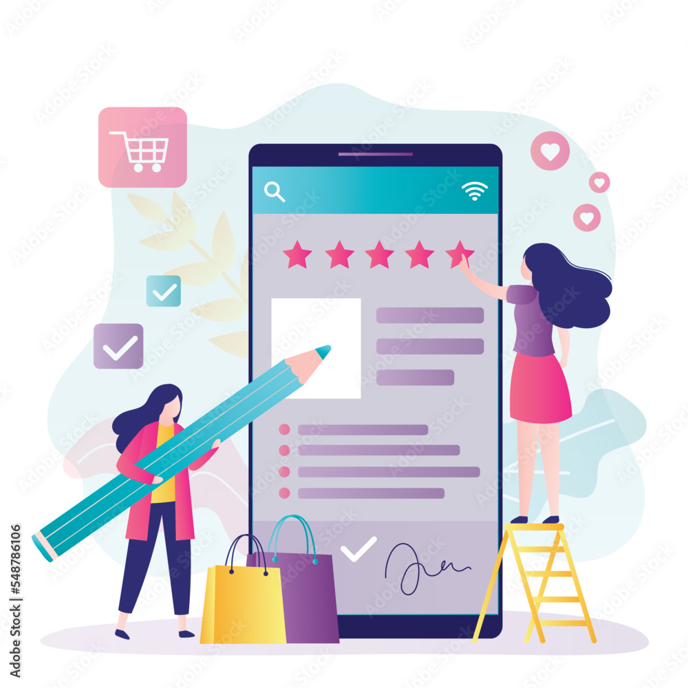 Female customers write reviews and rate online store. Online store with high rating. Online survey, feedback. Woman consumer communicates with internet seller. Female customers write reviews and rate online store. Online store with high rating. Online survey, feedback. Woman consumer communicates with internet seller.