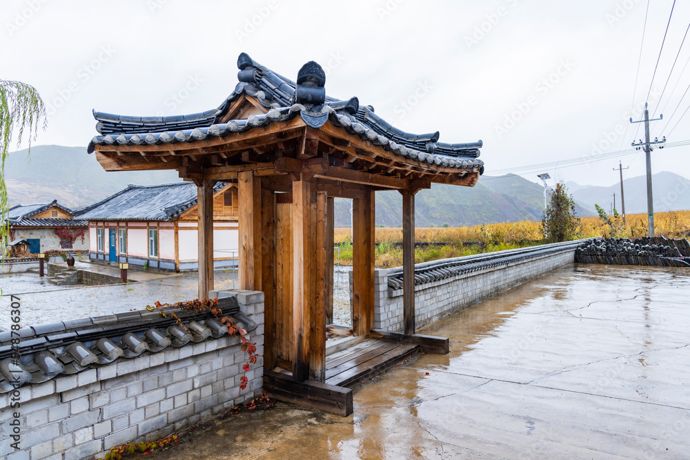 Naklejka premium Rainy landscape of Chinese Korean centennial tribe