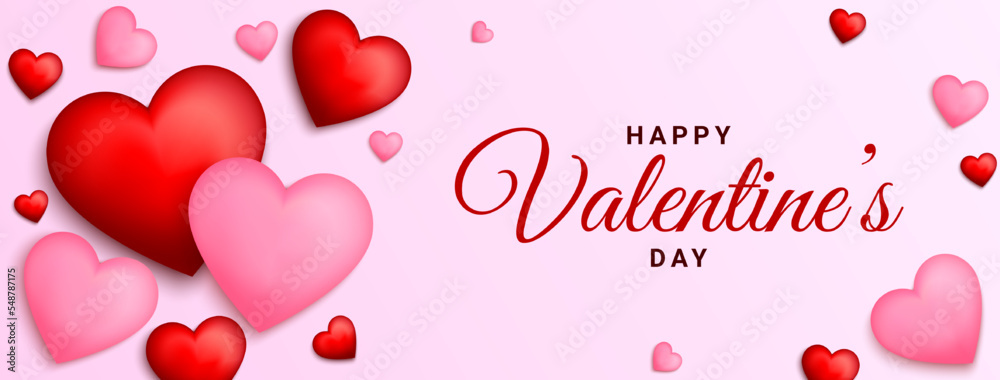 Pink valentines day background. 3d red and pink heart shape. Horizontal valentine design for greeting card, banner, poster. Vector illustration