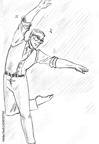 Illustration of a a man with glasses and formal clothes dancing