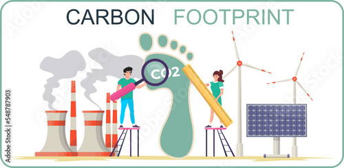 Carbon footprint concept. Carbon dioxide emissions in the air. People measuring the carbon effect on ecosystem. Environmental pollution. Nature protection. Sustainable energy. Flat vector illustration
