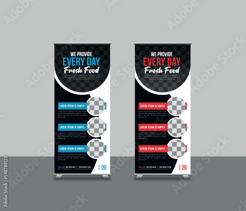 Food roll-up banner template or restaurant services promotion x stand rollup pull-up retractable signage banner design 