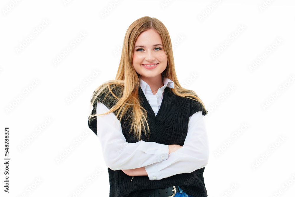 beautiful blonde with arms crossed on her chest on a white background. beautiful blonde with arms crossed on her chest on a white background.