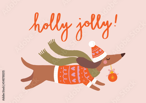 Cute Christmas Illustration With Dachshund In Red Knitted Sweater And Long Green Scarf. Holiday Graphic With Handwritten Phrase „Holly Jolly”. Ideal For Greeting Card Design.