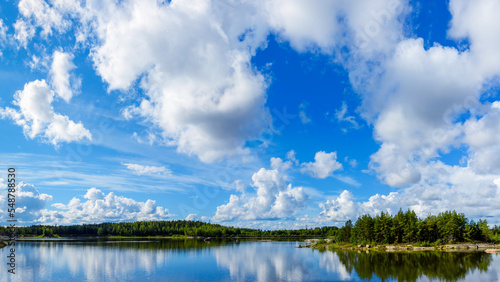 A beautiful summer day in Finland. Panoramic view of Hauninen reservoir, Raisio in mid-summer.