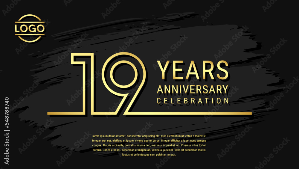 Naklejka premium 19th Anniversary Celebration, Golden Anniversary logo design in double line style isolated on black background. Vector Template Illustration