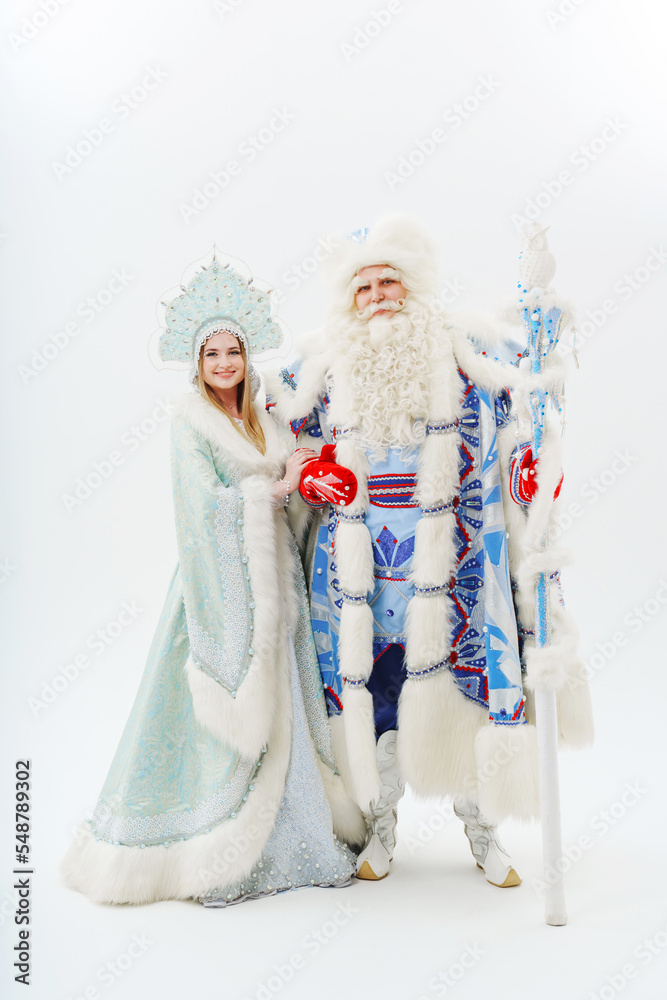 a traditional Father Frost and Snow Maiden costume on a white background.