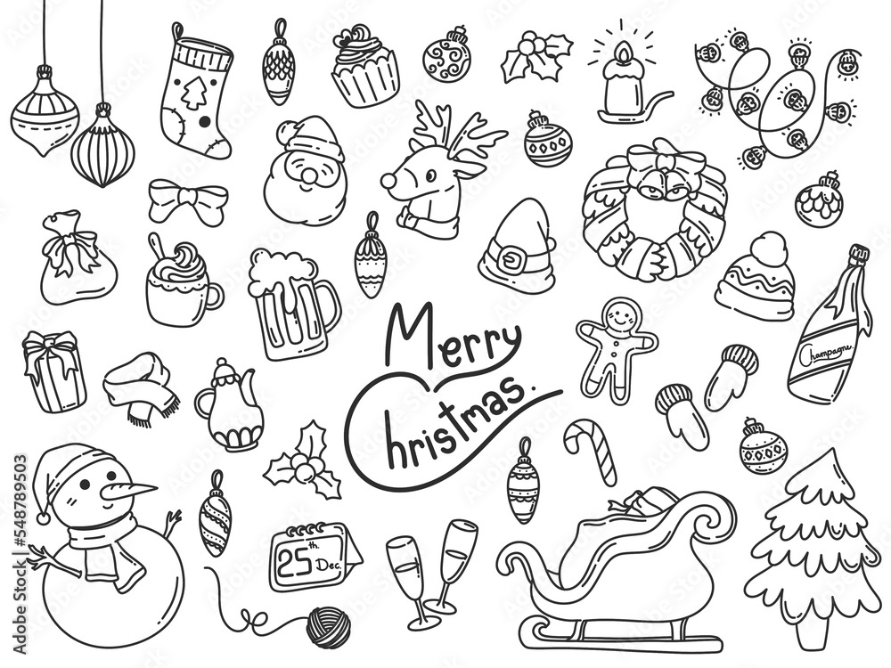 Hand drawn Christmas elements in doodle set B isolated on white