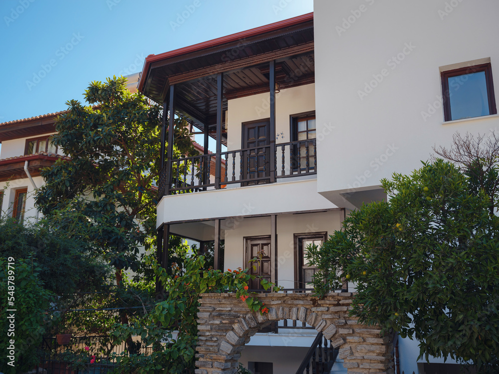 Fototapeta premium Akyaka, a coastal city in southwestern Turkey, is a growing center for international tourism. sunny warm autumn day, Beautiful traditional turkish houses
