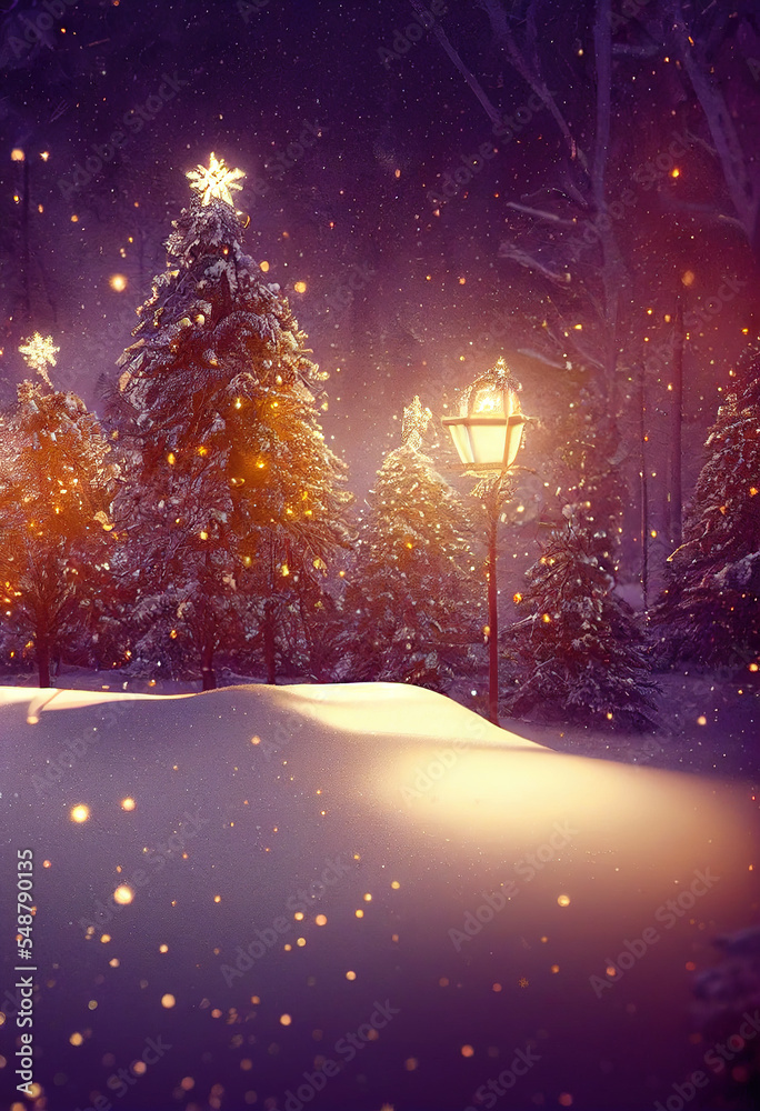 Obraz premium Beautiful Christmas gift box in a snowy festive winter forest, copy space, gold and glitter, gold ribbons and bows, magic bokeh lights, dreamy, magic atmosphere, New Year and Christmas concept
