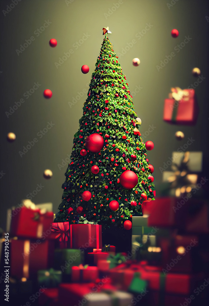 Beautiful green Christmas tree with red ornaments and presents on a green background, AI generated image