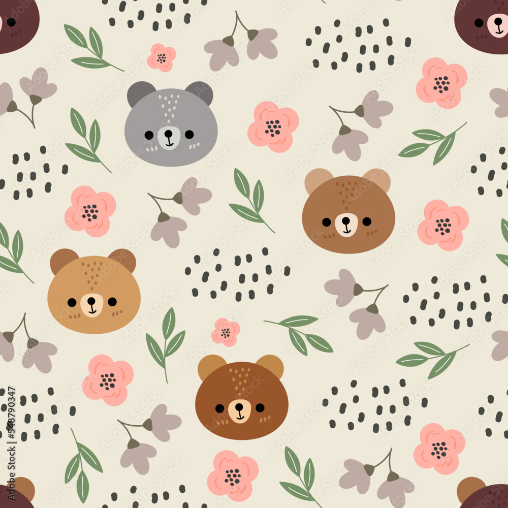 Obraz premium cute beige neutral forest brown and grey teddy bears seamless pattern for kids textile and fabric, home decor elements. Woodland wrapping paper vector print for baby boy and girl