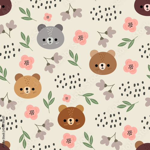 cute beige neutral forest brown and grey teddy bears seamless pattern for kids textile and fabric, home decor elements. Woodland wrapping paper vector print for baby boy and girl