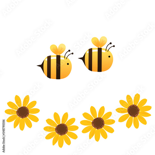 Set of sunflowers and bee cartoons isolated on white background vector illustration.
