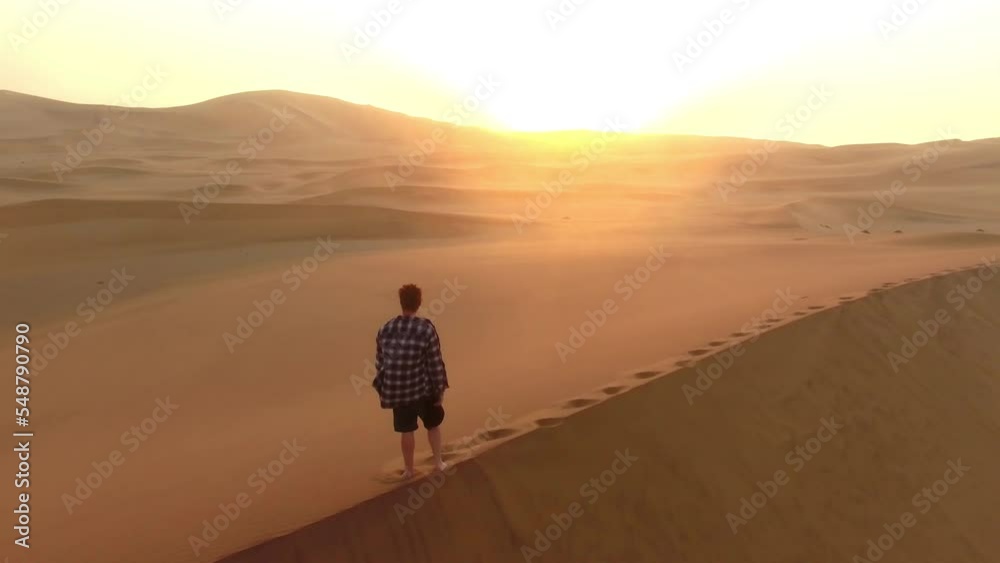 Travel, drone and man on desert sand dunes In Namibia looking at view on vacation, holiday or trip. Aerial view, freedom and peace with male on adventure outdoors at remote or barren wasteland mockup Travel, drone and man on desert sand dunes In Namibia looking at view on vacation, holiday or trip. Aerial view, freedom and peace with male on adventure outdoors at remote or barren wasteland mockup
