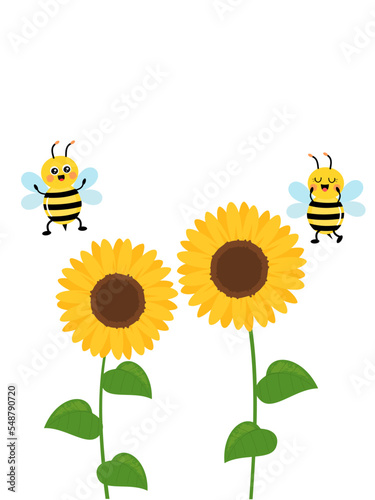 Fototapeta Naklejka Na Ścianę i Meble -  Sunflower icon set and bee cartoons isolated on white background vector illustration.