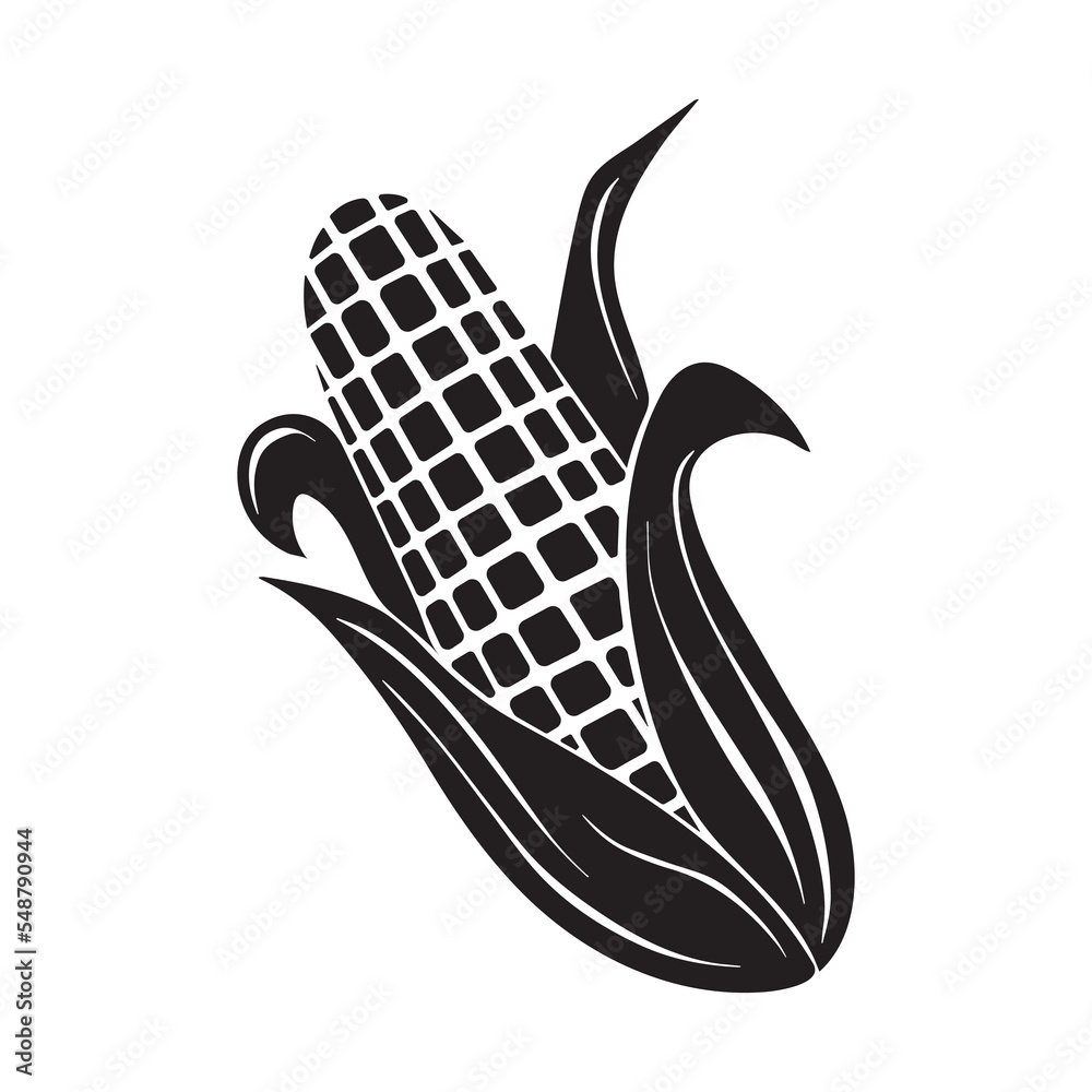 Whole corn vegetable icon silhouette isolated on plain white background. Yummy yellow vegetable with green leaves with monochrome flat art style drawing. Main cooking ingredients for popcorn. Whole corn vegetable icon silhouette isolated on plain white background. Yummy yellow vegetable with green leaves with monochrome flat art style drawing. Main cooking ingredients for popcorn.
