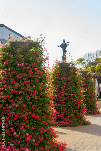 Statue of St. Sofia behind bushes of red flowers in Bulgaria. photo