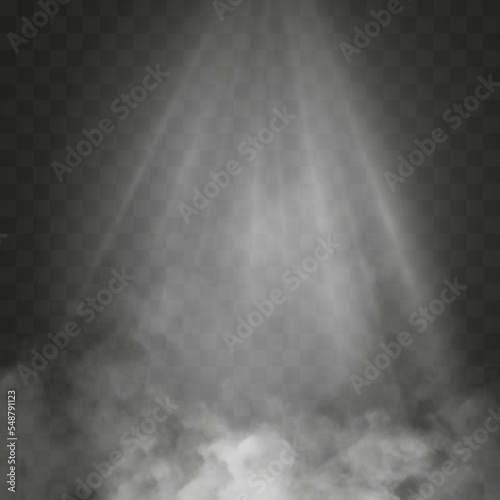 Rays of sun or spotlight with fog or smoke isolated with transparent special effect. White vector cloudiness with rays of light  mist or smog background. Vector illustration