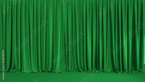 Velvet green curtain luxurious velvet on the theater stage for Template for advertising cosmetic products background, 3d rendering