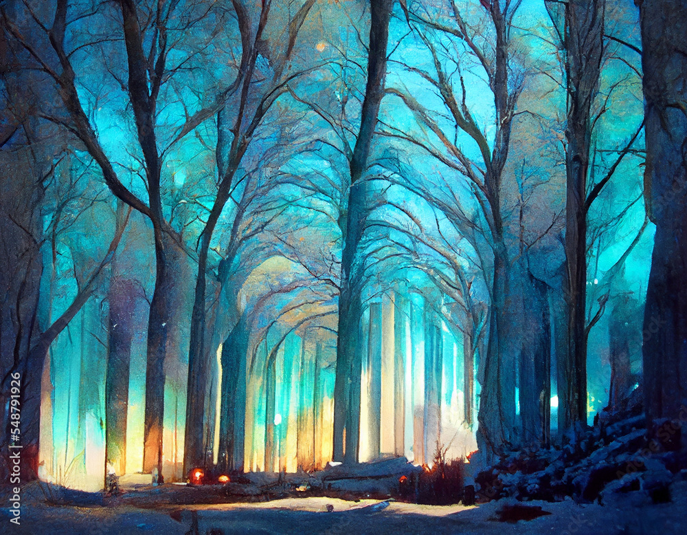 Fairytale winter forest background. Magic colorful digital illustration