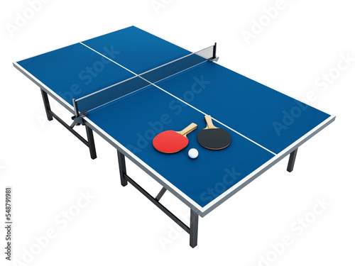 3D illustration of Ping pong table, rackets and ball on transparent background. photo