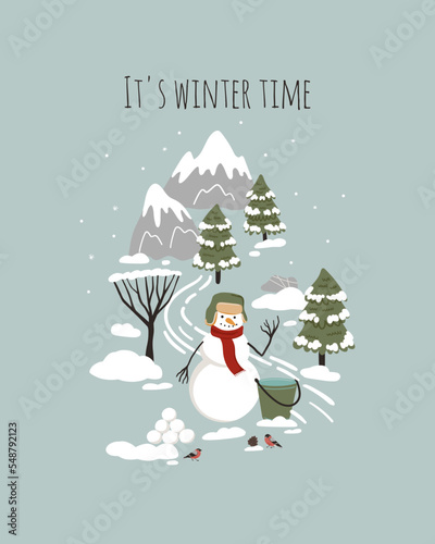 Cartoon Winter landscape with snowman, mountains, pine trees, snow. Christmas time poster, card, print