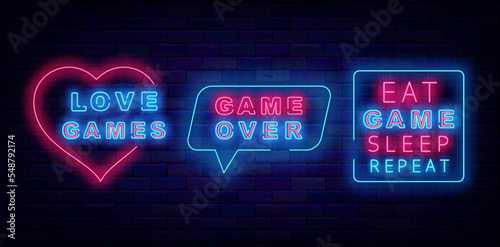 Game design neon labels collection. Love game sign. Eat, sleep, repeat emblem. Vector stock illustration