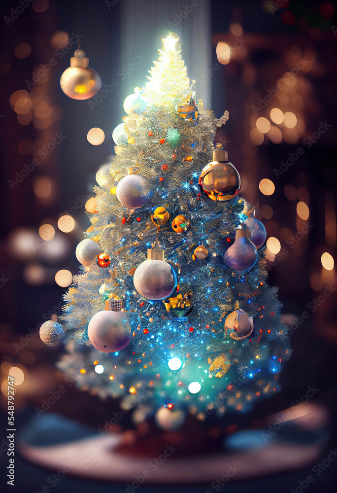 Blue colorful Christmas tree in the background of Christmas lights, AI generated image Blue colorful Christmas tree in the background of Christmas lights, AI generated image