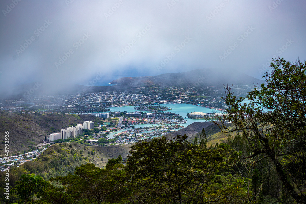 landscape of the island of oahu in hawaii as seen from the kuliouou ridge trail, hiking in the mountains near honolulu, holiday in hawaii