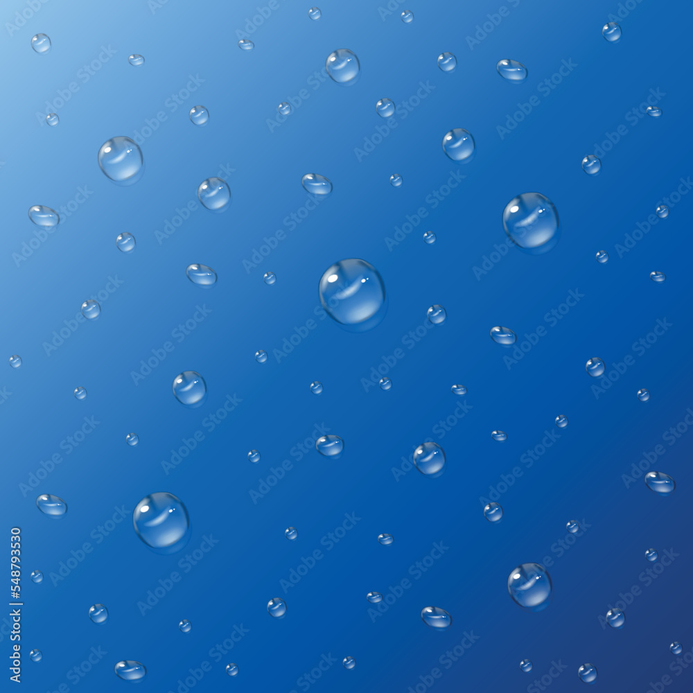 Realistic water drops on blue background. Condensation on the window. Vector illustartion. 