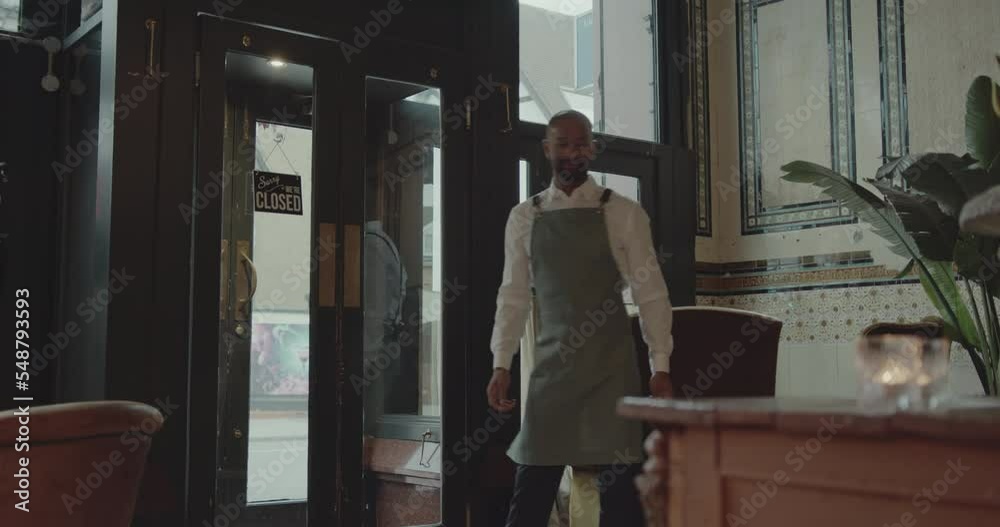 Small Business African American Store Owner Opening for business Small Business African American Store Owner Opening for business