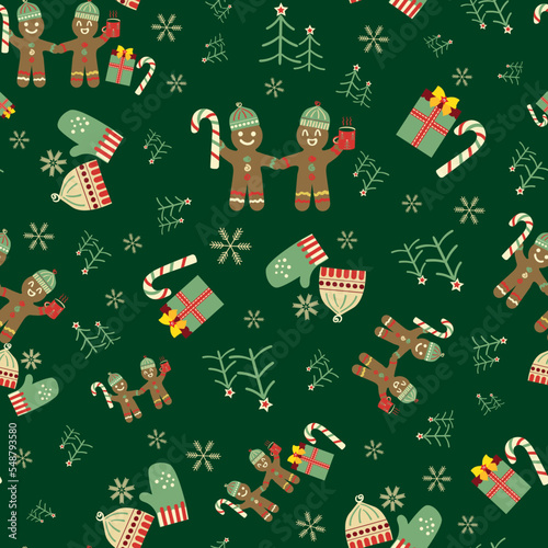 Cute gingerbread men, candy canes, presents seamless vector pattern background. Traditional Christmas motifs on dark green backdrop. Fun festive hand drawn naive style repeat. Holidays all over print