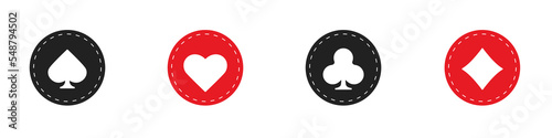 Set collection gambling sign symbol of playing card suits and chips for poker and casino. Hearts, clubs, diamonds and spades on an isolated white background.