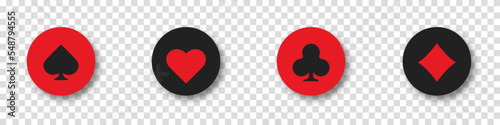 Set collection gambling sign symbol of playing card suits and chips for poker and casino. Hearts, clubs, diamonds and spades on an isolated transparent background.