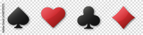 Set collection gambling sign symbol of playing card suits and chips for poker and casino. Hearts, clubs, diamonds and spades on an isolated transparent background.