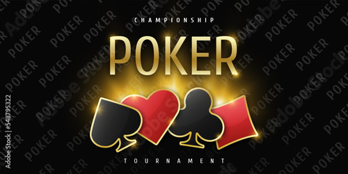 Poker tournament banner. Poker logo with playing card suit chips. Clubs, diamonds, spades, hearts on a black background. Vector illustration.