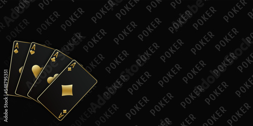 A fan of playing cards consisting of four black and golden Ace of Spades, Diamonds, Clubs, Hearts. Vector illustration poker and casino of all the aces on a table black background.