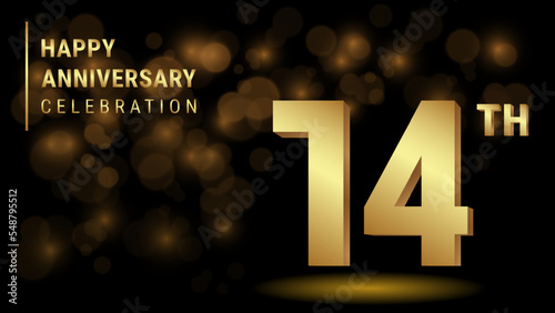 14th Anniversary. 3d template design with gold color for celebration events, invitations, greeting cards, banners, posters and flyers. Vector Template Illustration