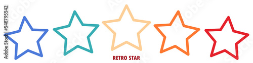 Colorful rating 5 stars in retro style on a white background. Feedback concept for mobile app or website. Quality shape design. Vector illustration in 1970s 1980s 1960s style.