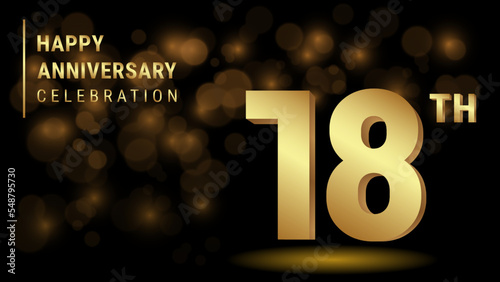 18th Anniversary. 3d template design with gold color for celebration events, invitations, greeting cards, banners, posters and flyers. Vector Template Illustration