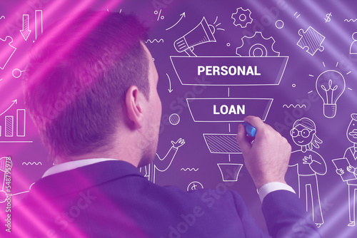 Business, Technology, Internet and network concept. Young businessman working on a virtual screen of the future and sees the inscription: Personal loan