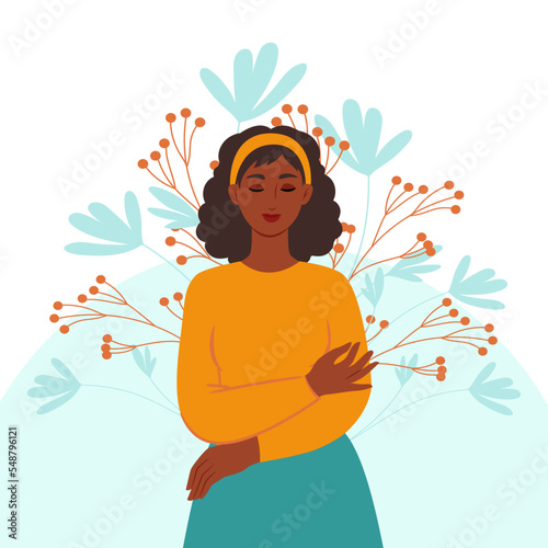 Black skinned woman hugs herself, concept of psychological health and self love. Vector illustration.